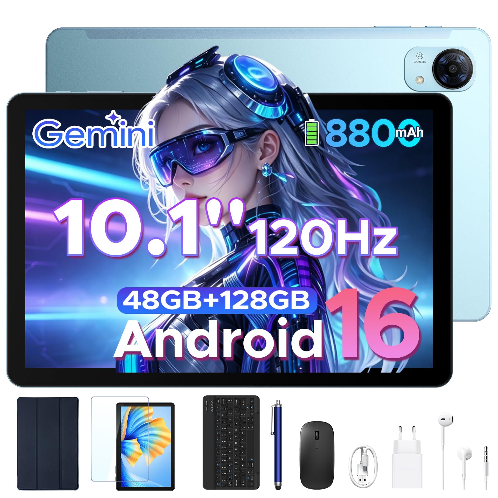 P10 Pro Tablet 10 Inch Android, 120Hz, 48GB RAM+128GB ROM/TF 2TB with Gemini AI, Android 16 Tablet, T7250 Octa-Core, 8800mAh, Widevine L1, Face ID, Tablet with Keyboard and Mouse, Pencil
