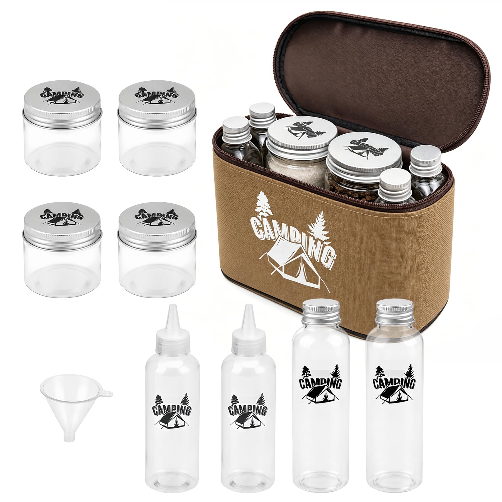 RoseFlower 8 pcs Camping Portable Spice Jars Set, Outdoor sanuce Bottle Condiment Storage Container, 4 Pointed-spout Sauce Vinegar Oil Bottle and 4 Seasoning Jars Boxs for BBQ Picnic Hiking -071