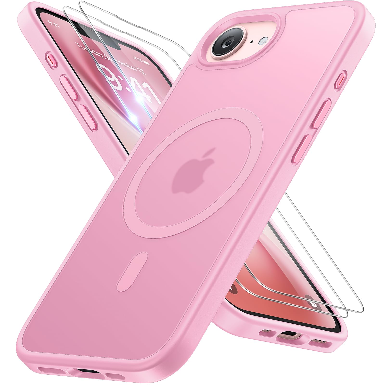 miracase for iPhone 16e case &amp; iPhone 17e Case for MagSafe [with 2×9H+ Screen Protectors] TOP Military-Grade Protection Shockproof with Velvet Touch for iPhone 16e/17e Phone Case 6.1", Matte Pink