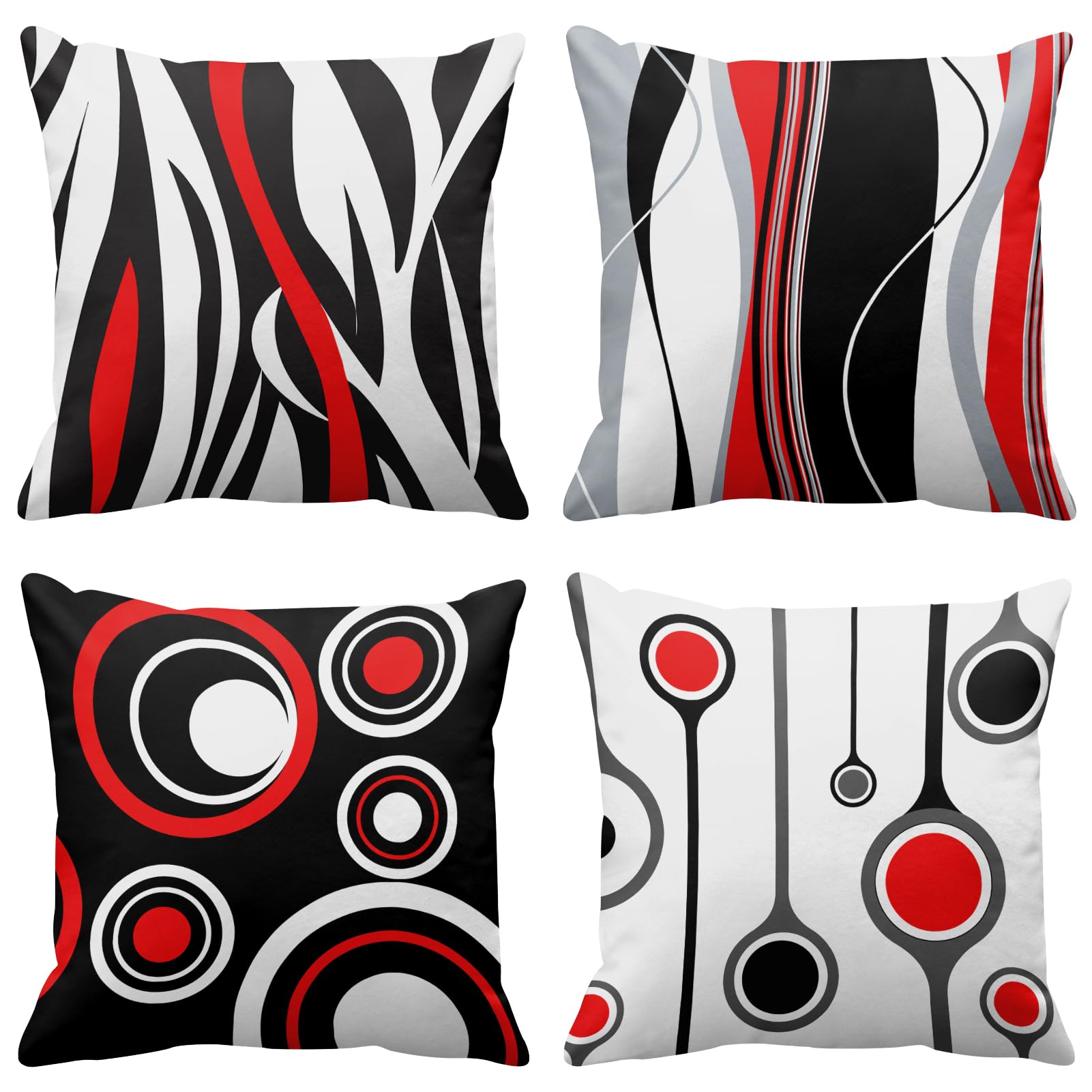 Emvency Set of 4 Throw Pillow Covers 18x18 Inches Decorative Cushion Modern Abstract Red Black White and Grey Wavy Vertical Stripes Dot Polyester Pillow Cases Square Pillocases for Bed Sofa