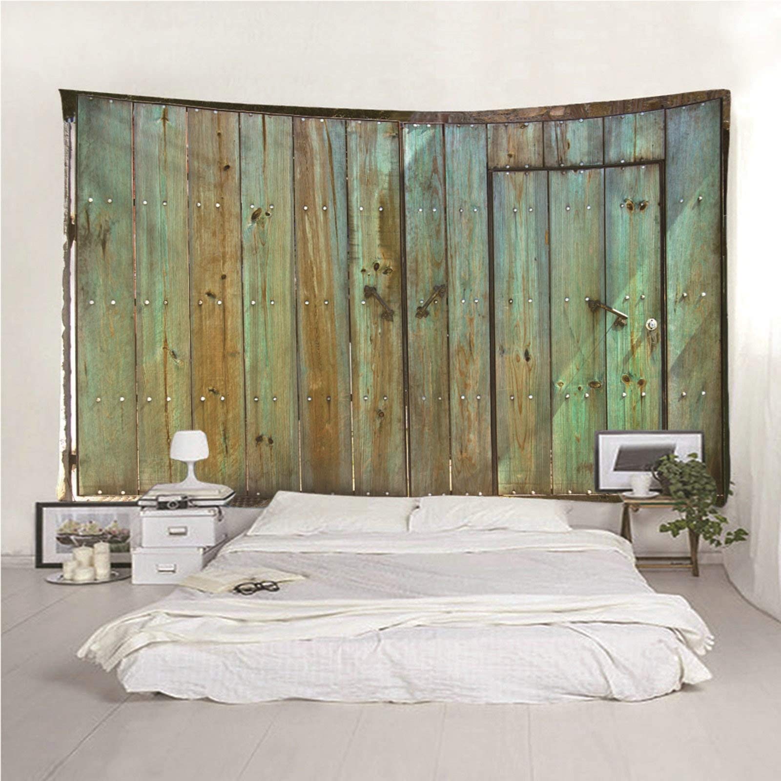 Aeici Tapiz Tela Muro Playa, Decoraciones De Pared De Dormitorio Tapiz Tablas de Madera- Verde marrón, 240x220CM