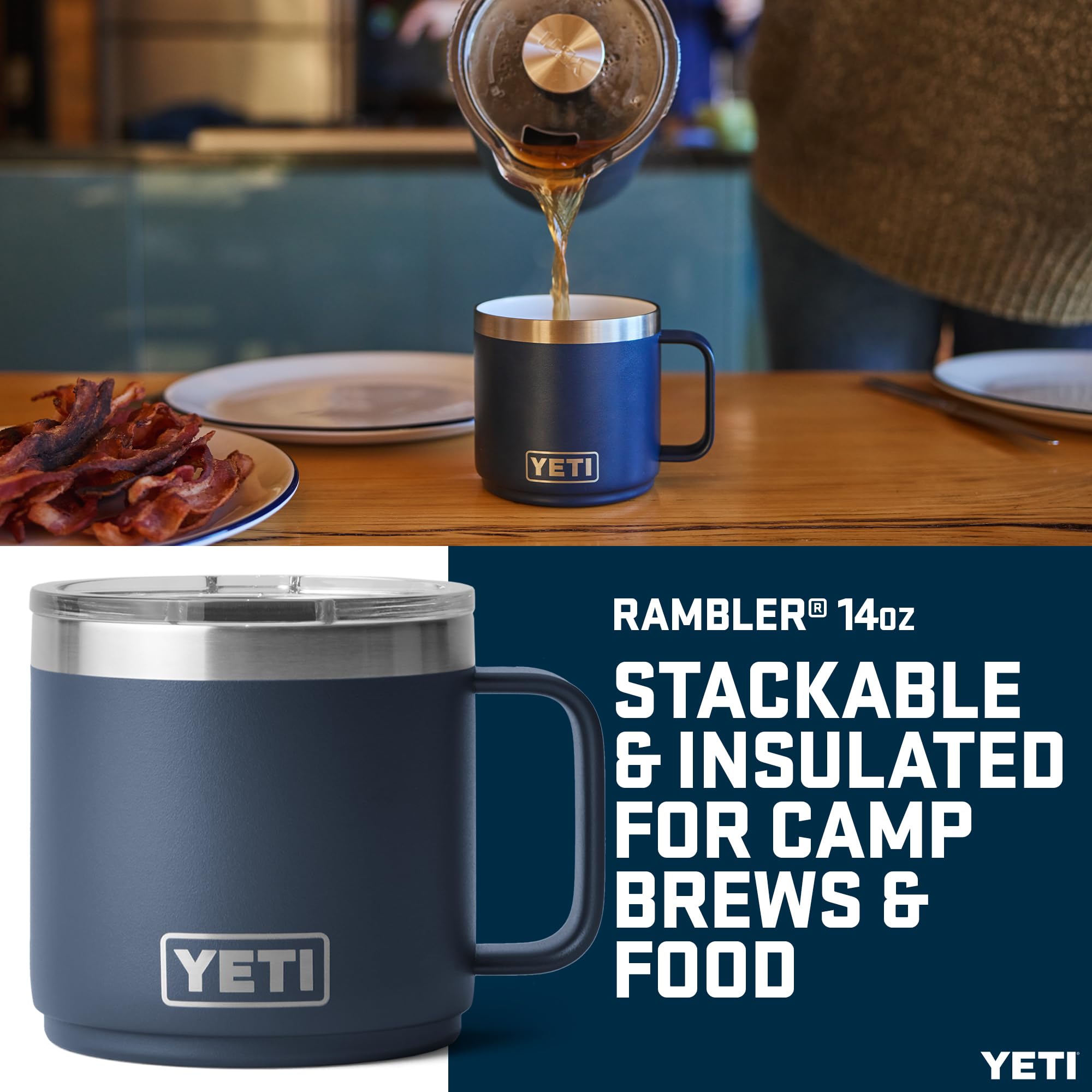 YETI Rambler Stackable Mug with Durasip Ceramic Lining, Vacuum Insulated Stainless Steel Mug with Magslider Lid, Navy, 14 oz (414 ml)