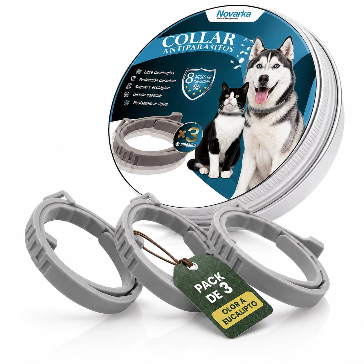 MEGAPACK de 3 Collar Antiparasitario Perros | contra Pulgas, Garrapatas, Mosquitos y Leishmaniosis | Ajustable y Resistente al Agua | Composicion de Aceites Naturales y Olor a Eucalipto