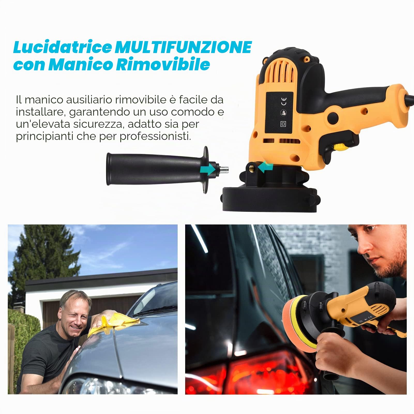Weytoll Lucidatrice Auto, 700W 125mm Lucidatrice variabile per auto con buffer 600-3700 giri/min con impugnatura ausiliaria in spugna di lana per cofano