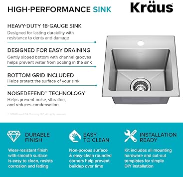 KRAUS Fairlane 15-inch Drop In/Top Mount Single Bowl 18-Gauge Stainless Steel Kitchen Bar Sink, KHT631-15