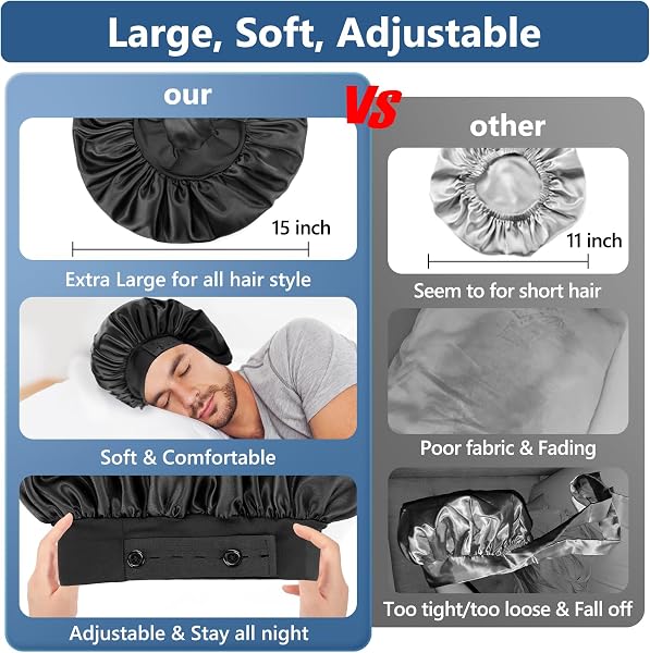 Bonnets en soie pour homme, bonnet en satin pour dormir, ourlet réglable et double couche, grand bonnet de sommeil pour tresses de cheveux bouclés, reste en place toute la nuit (noir) - 5