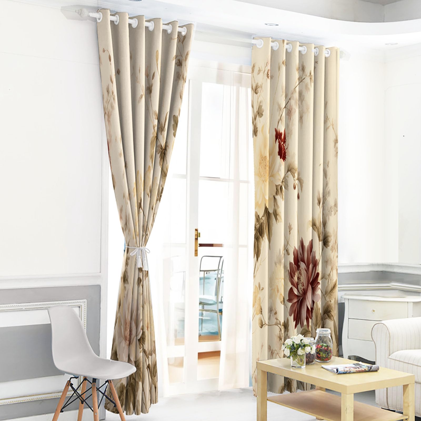 Cortinas Opacas con Estampado Plantas Retro Dormitorio, 140×160 CM, con Estampado de Peonía CaíDas con Ojales, Aislamiento TéRmico Amarillo, ReduccióN De Ruido, Juego De 2