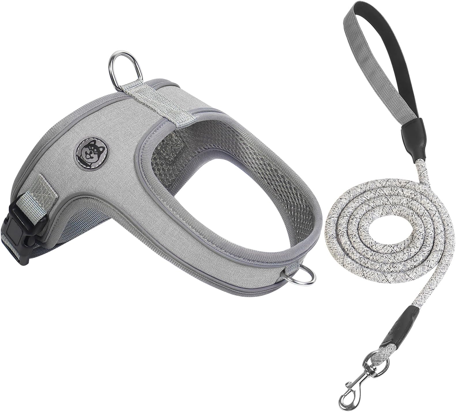 Dog Harness and Leash Set, No Pull Saddle Style pet Harness, Soft Ventilate Mesh, Adjustable, Reflective - for Medium, Small Dogs and Cats - Easy Walk Harness with 2 D-Rings (Grey, S)