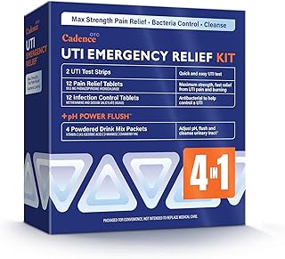 Complete 4-in-1 UTI Emergency Relief Care Kit Comes with 2 Urinary Tract Infection Test Strips, 12 UTI Maximum Strength Pain Relief Tables, 12 Infection Control Tablets and Proprietary pH Power Flush