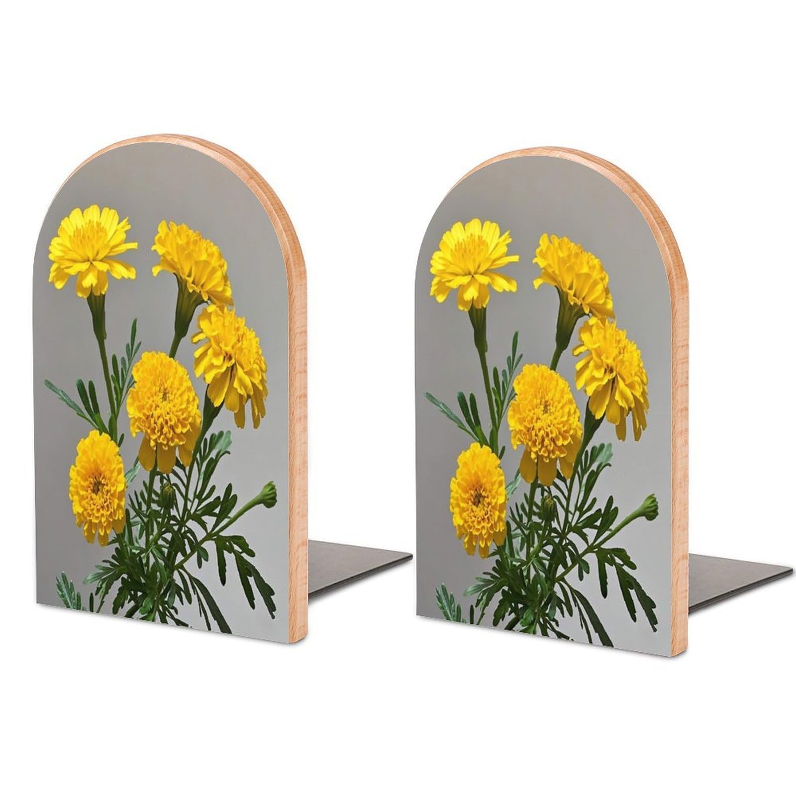 Marigold Book Ends Wood Non-Skid Bookend for Shelves Heavy Duty Bookends with Metal Base Decorative Books Stopper Desk Organizers Book Dividers for Office Home 1 Pair
