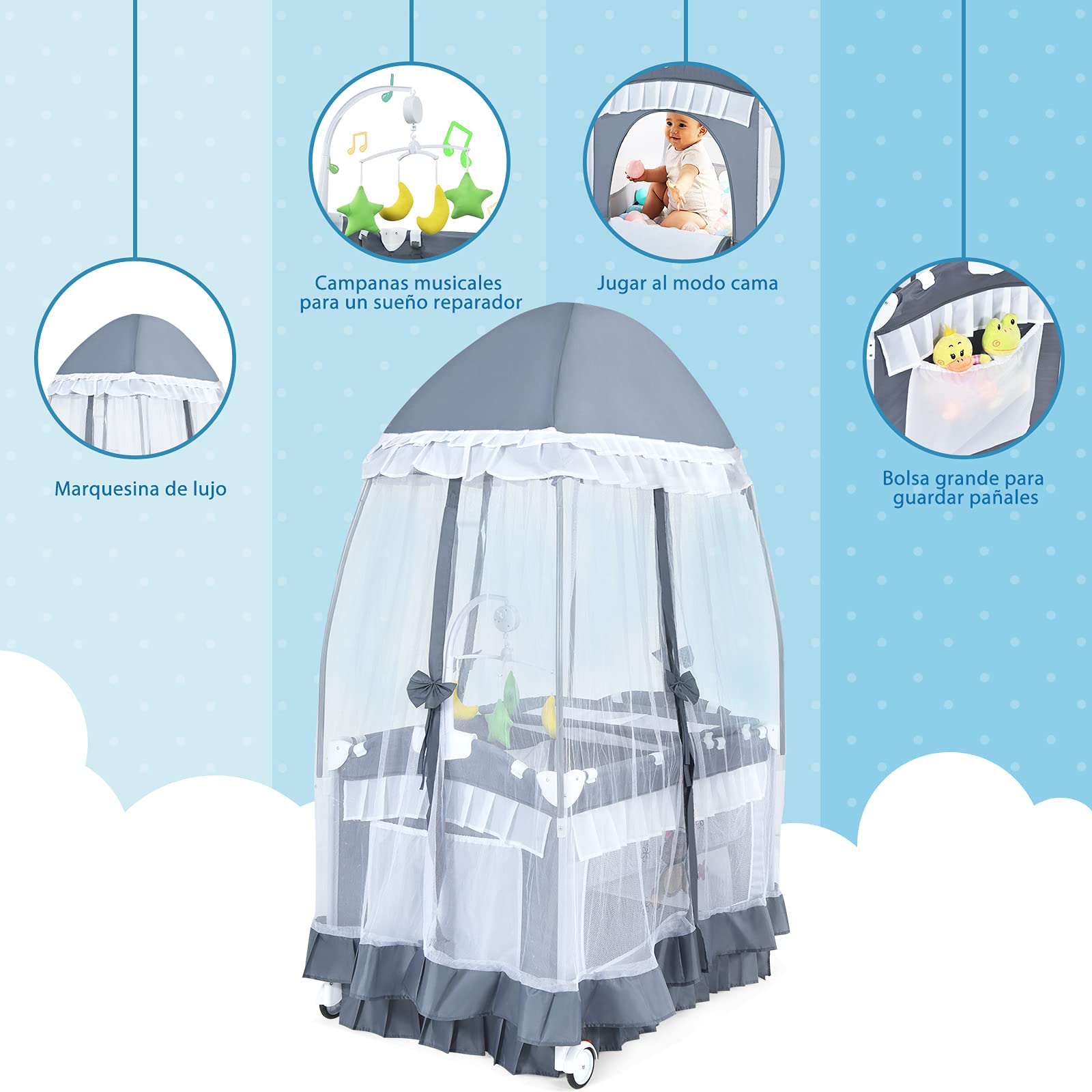 GOPLUS Cuna de Viaje Plegable, Cuna Bebe Portátil con Juguetes & Mosquitera & Música, Cuna para Bebé con Cambiador Desmontable, Cuna Convertible con Bolsa de Transporte, para 0-36 Meses (Gris) (Gris)