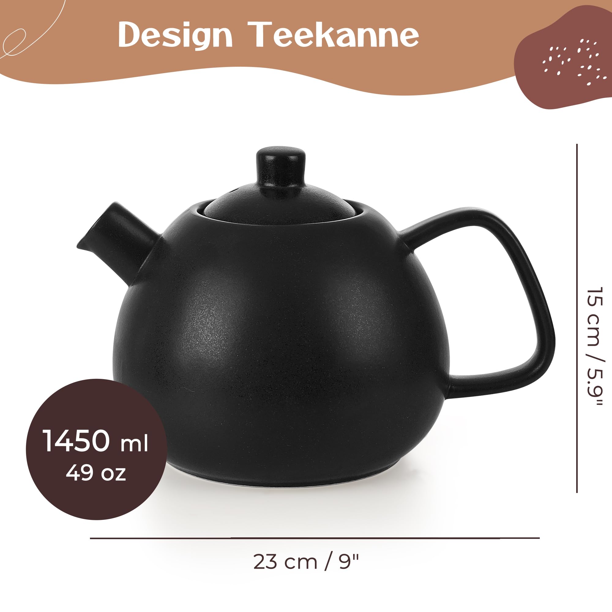 Duża dzbanka do herbaty z sitkiem - 1,4 l - dzbanka do herbaty ceramiczna - nowoczesna dzbanka do herbaty z sitkiem na luźną herbatę, trwała i neutralna w zakresie aromatu (Antracyt)