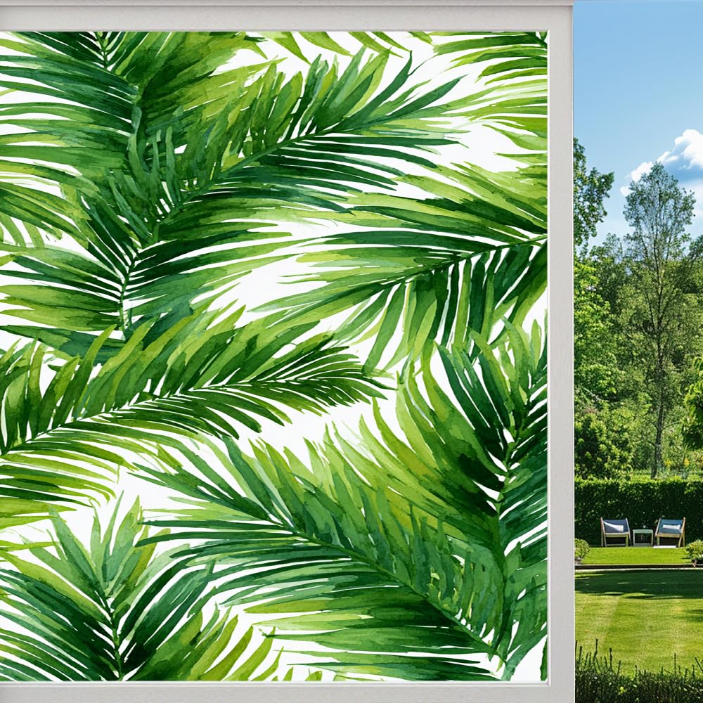 Tropical Watercolor Leaf Privacy Window Film, Natural Palm Leaves Frosted Self-Adhesive Vinyl Cling for Glass Doors Bathroom Windows Sun Blocking Heat Control, （50x80cm）