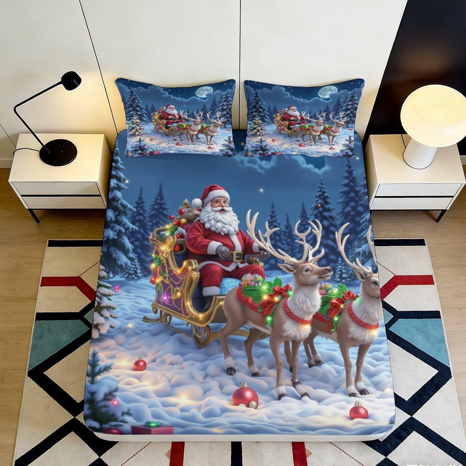 3D Printed Christmas Santa Sleigh Fitted Sheet Microfiber Non-slip Reindeer Bed Cover for Bedroom Guest Room Decor 180x200x25cm