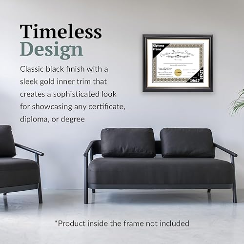 Vista 211 de Creative Picture Frames Marco para diploma Rockefeller de 9 x 12 pulgadas, color negro con borde dorado, muestra un certificado de 9 x 12 pulgadas