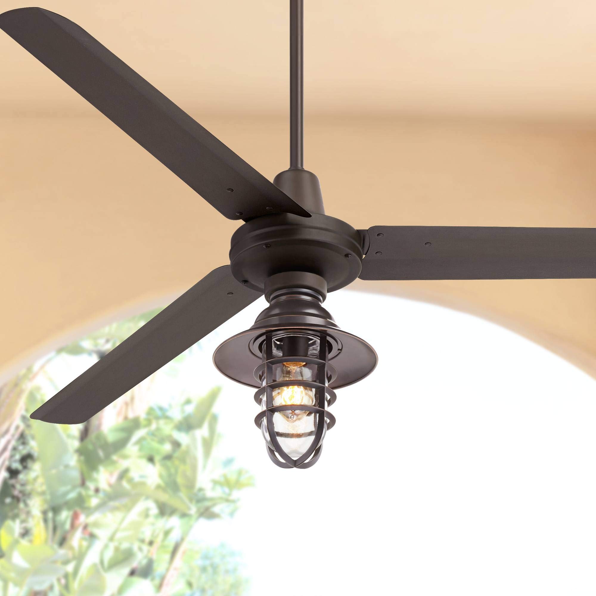 Casa Vieja 60" Turbina Industrial Vintage 3 Blade Indoor Outdoor Ceiling Fan with Light LED Remote Oil Rubbed Bronze Metal Marlowe Cage Damp Rated for Patio Exterior House Porch Gazebo Barn
