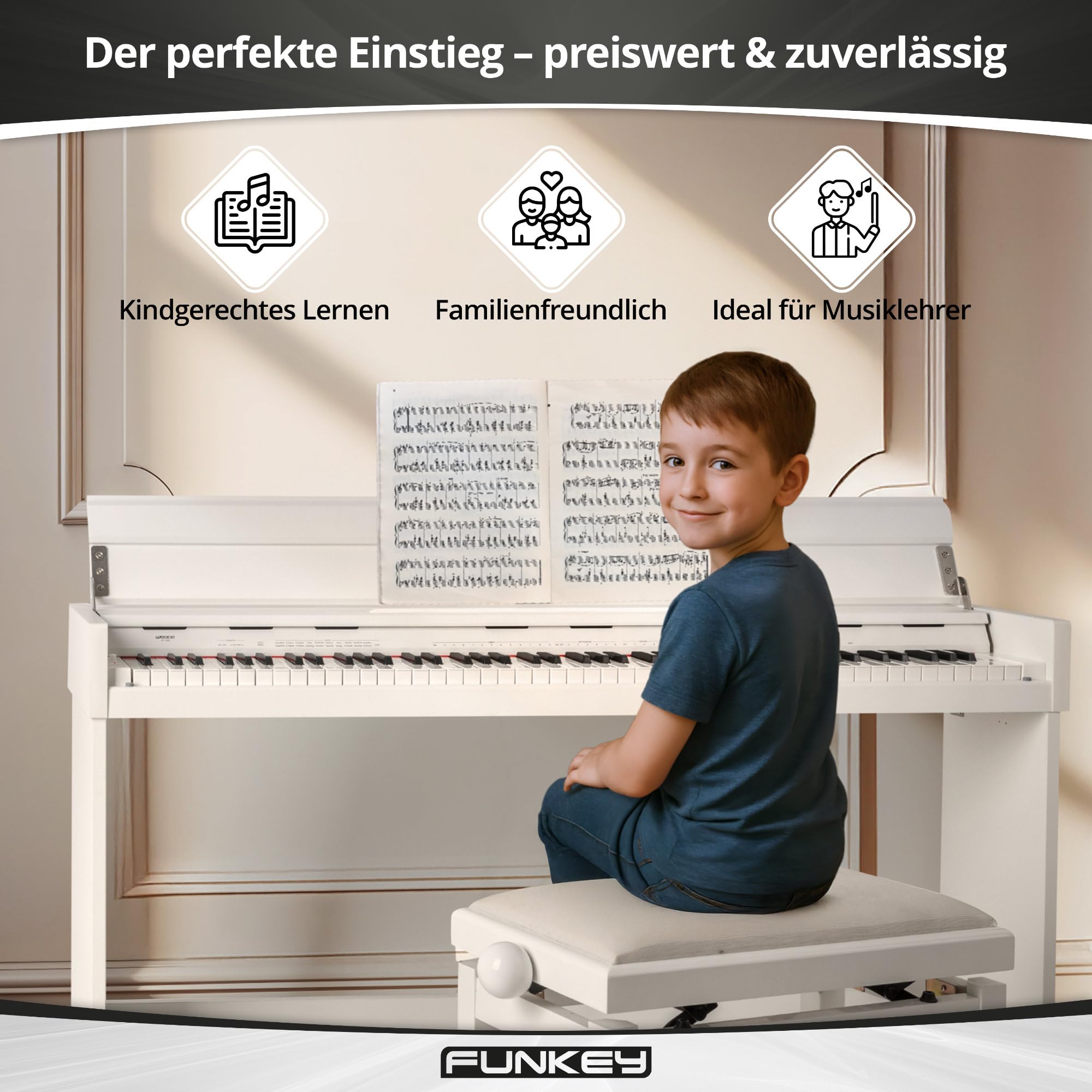 FunKey DP-1088 WM Teclado de piano digital delgado - 88 teclas sensibles a la velocidad y 3 pedales - 20 sonidos - Altavoces estéreo integrados y 2 tomas para auriculares - Blanco mate
