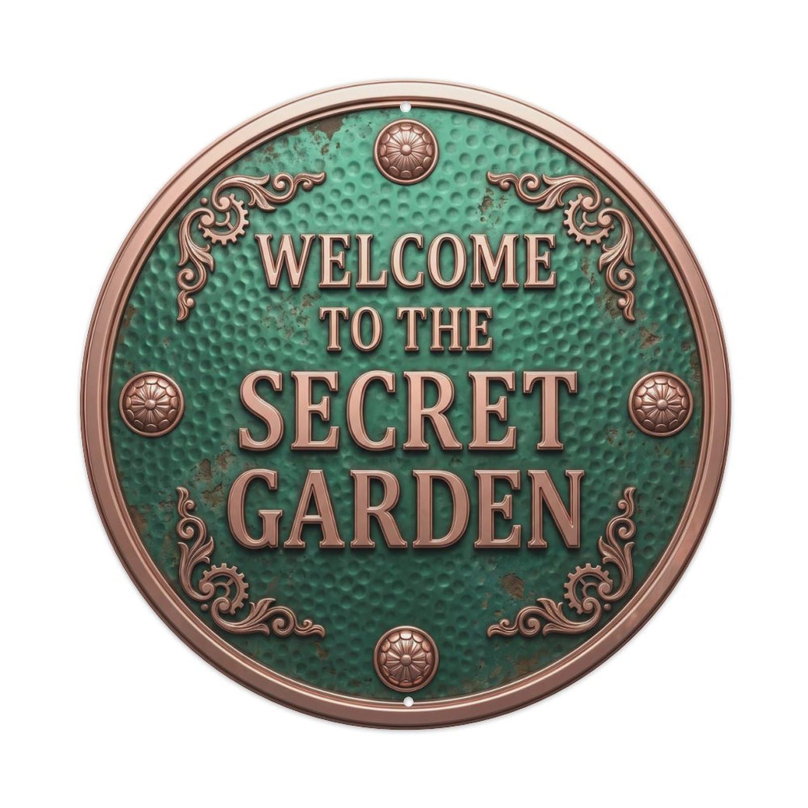 Vintage Welcome Secret Garden Emerald Rosegold Metal Tin Sign