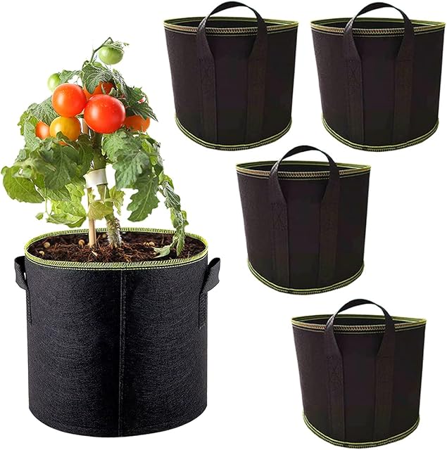 Techson 10 Gallon Grow Bag, 5 Packs Garden Plants Fabric Pots with Strap Handles, Breathable Aeration Round Planter Container for Vegetable Flower (Black)