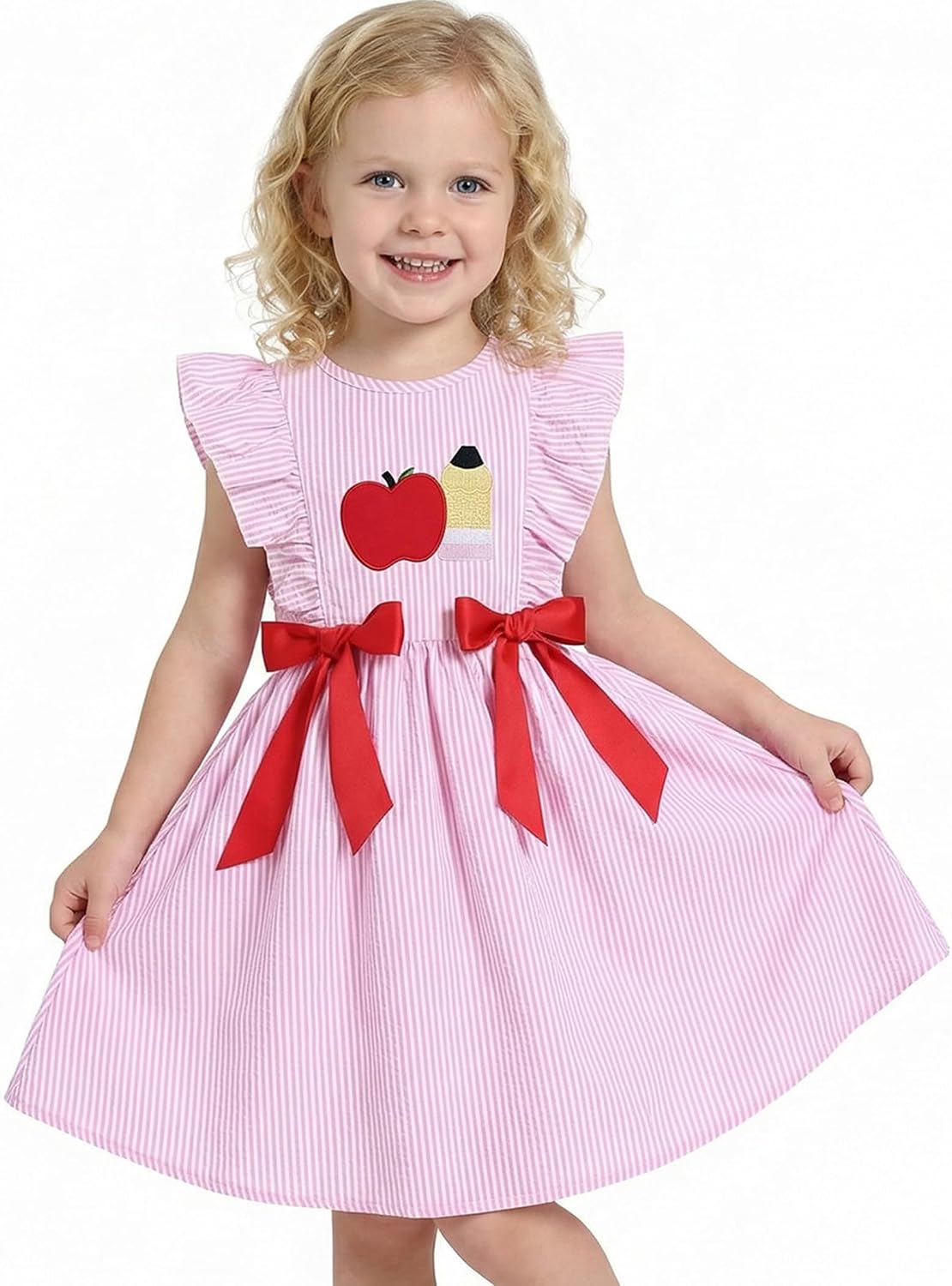 Kids Girls Back to School Dress, Toddler First Day of School Outfit Apple Pencil Embroidered Kindergarten Dress 3T-8T