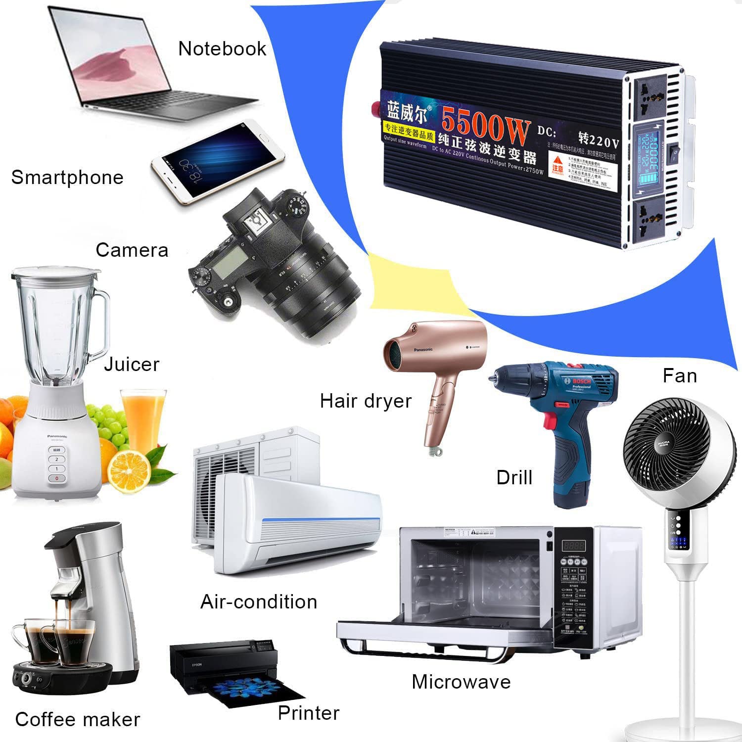 Nowy typ przetwornica sinusoidalna DC 12 V/24 V na AC 220 V 230 V konwerter samochodowy 4000 W/5000 W/5500 W/6000 W/7000 W (szczyt) z wyświetlaczem LCD 2 gniazda AC do kampera, ciężarówki, kempingu,