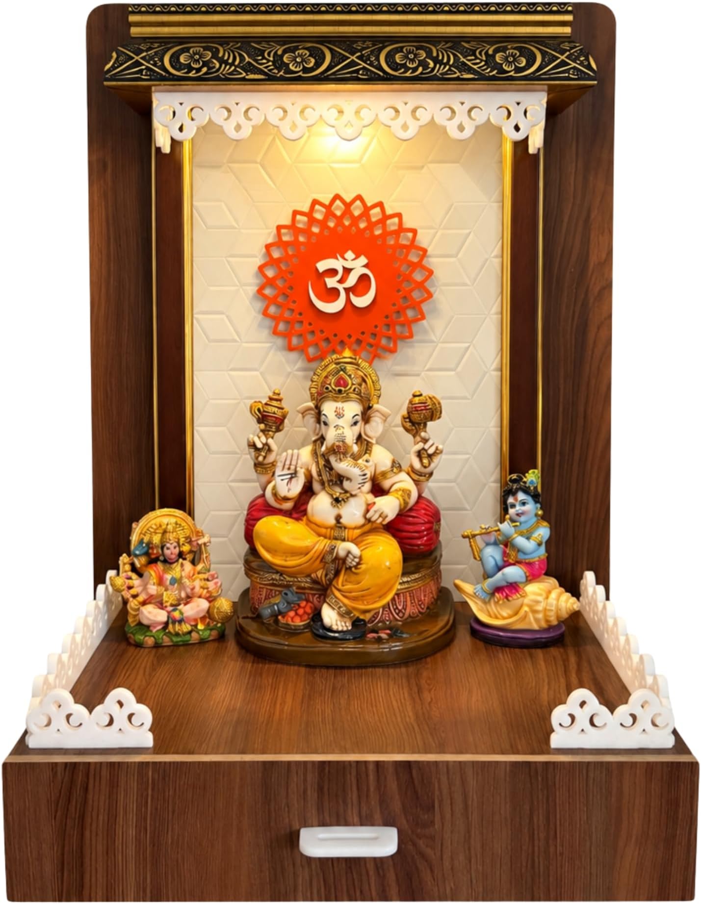 7CR Wooden Pooja Mandir with LED Light & Drawer | Home Temple for Pooja