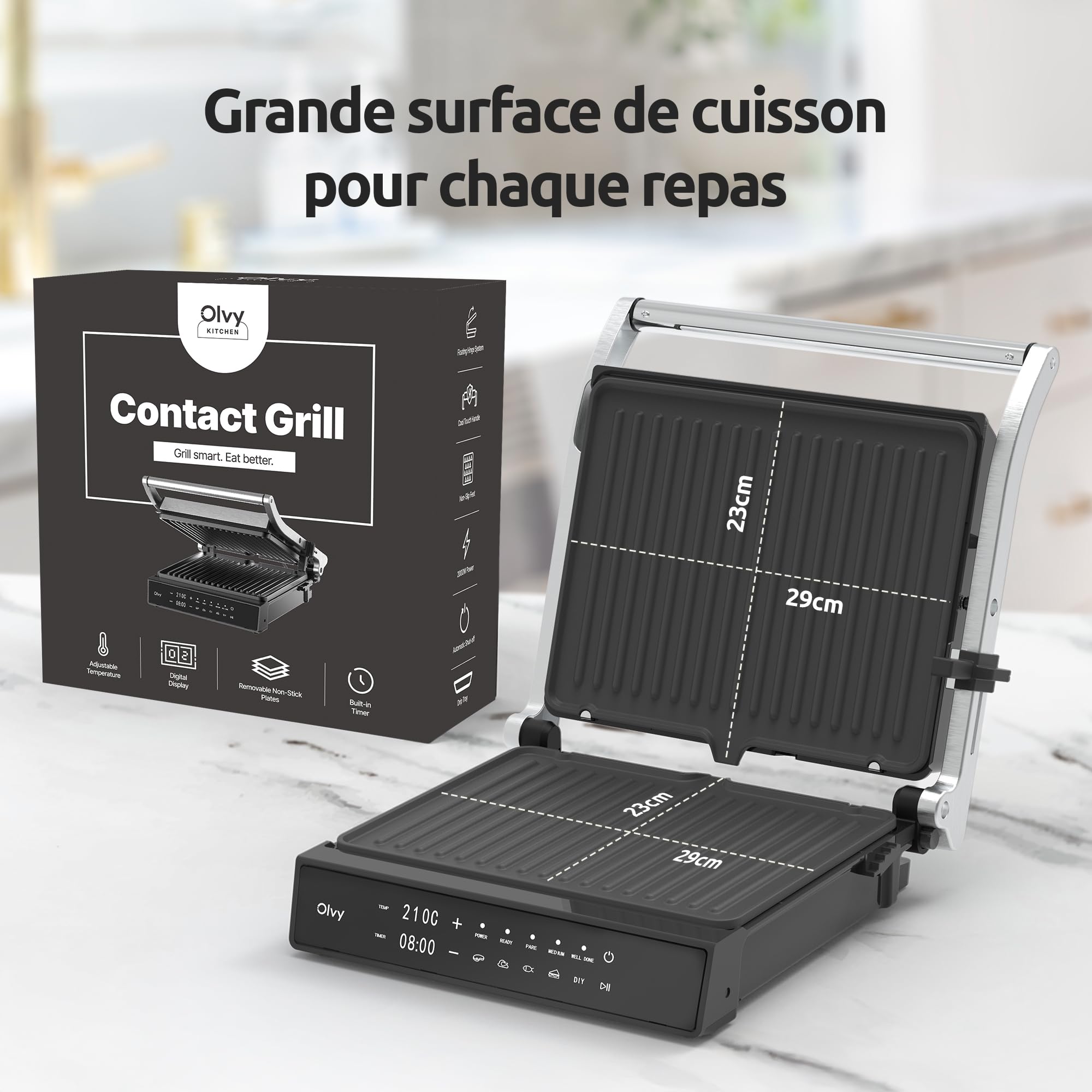Olvy Grill de Contact 2000W Écran Tactile Sans PFAS 5 Programmes Automatiques Ouverture 180° Plaques Amovibles Antiadhésives Thermostat Minuteur Panini Croque Monsieur Steak