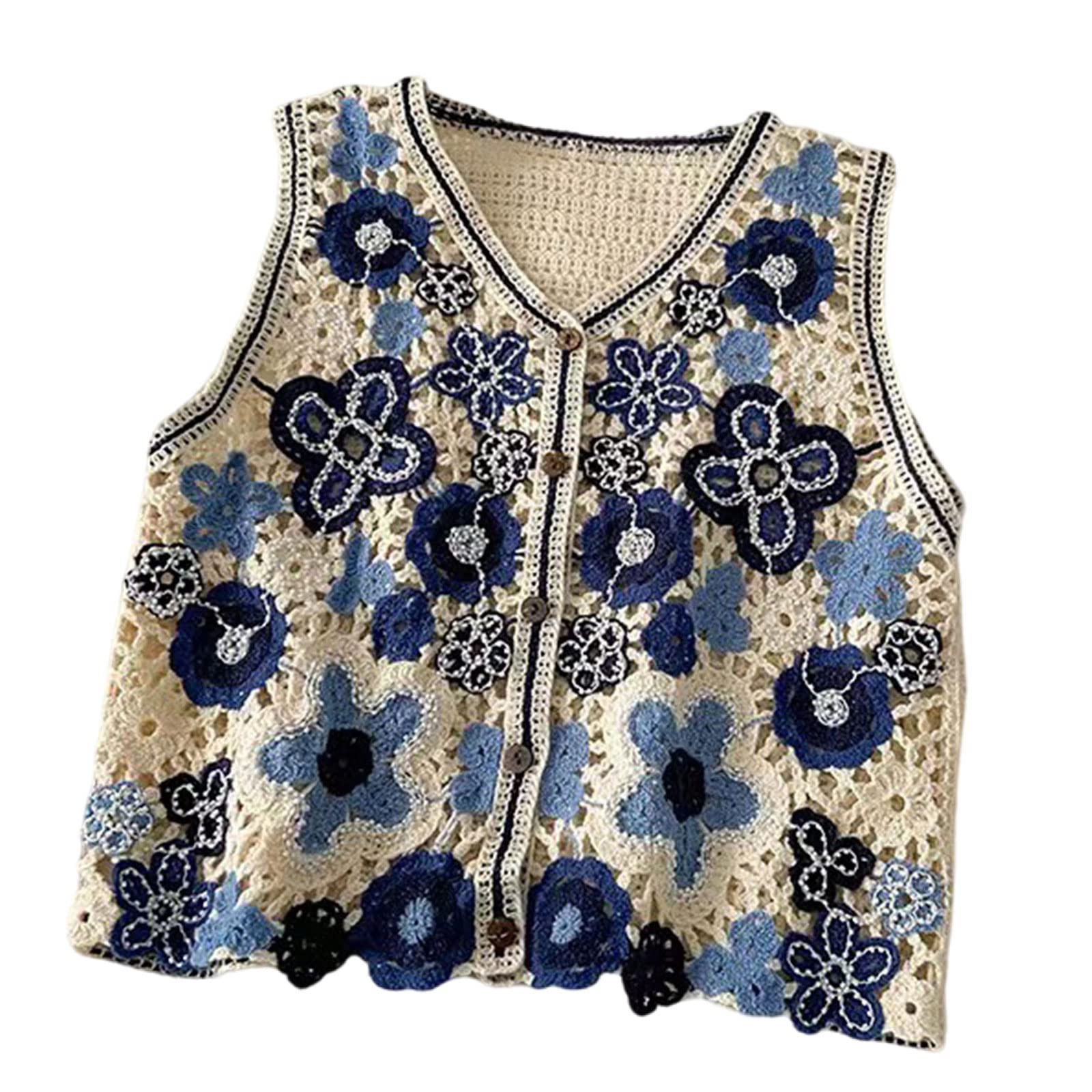 Women Hollow Crochet Knit Vest Waistcoat Beaded Floral Button Crop Cardigan Top