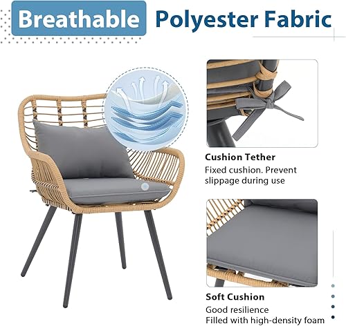 Miniatura 4 de JOIVI Juego de 2 sillas de mimbre para exteriores, sillas de comedor de ratán para patio con cojines y reposabrazos para césped exterior, balcón,