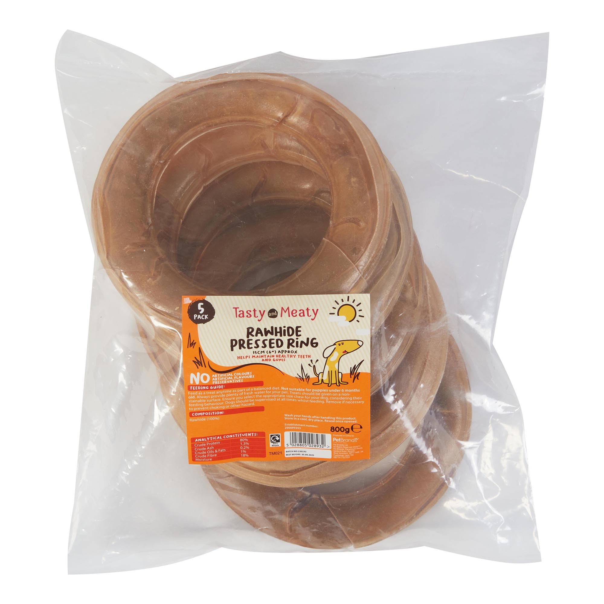 Tasty & Meaty Dog Treats โ Rawhide Rings (Approx. 15cm), Long Lasting Chews for Large Dogs, 100% Natural Rawhide, Pack of 5 (800g)