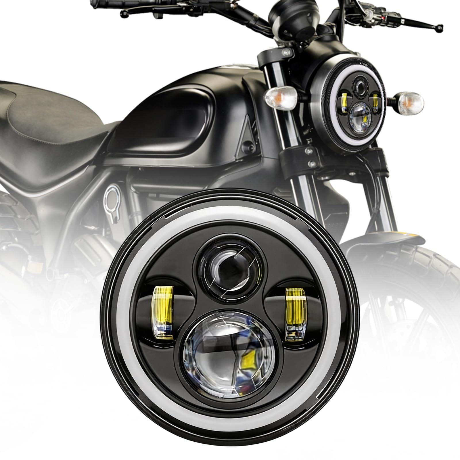 7 Zoll LED Motorrad Scheinwerfer DRL Weiß Blinker Bernstein Scheinwerfer | Scheinwerfer E-geprüft mit Abblendlicht Fernlicht Amber Halo Blinker, Tagfahrlicht Kompatibel mit Gängigen Motorradmodellen