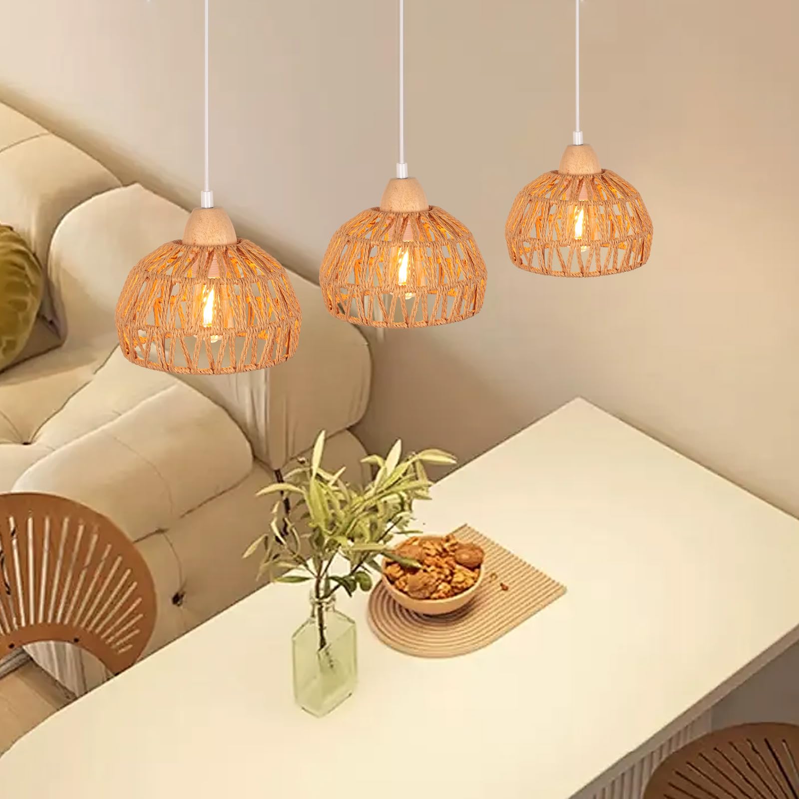 iDEGU Lampa wisząca vintage 3-żarówkowa żyrandol z drewna i rattanu, abażur 20 cm, E27, lampa wisząca, dekoracja, retro, do jadalni, sypialni, salonu, kuchni (brązowa, belka)