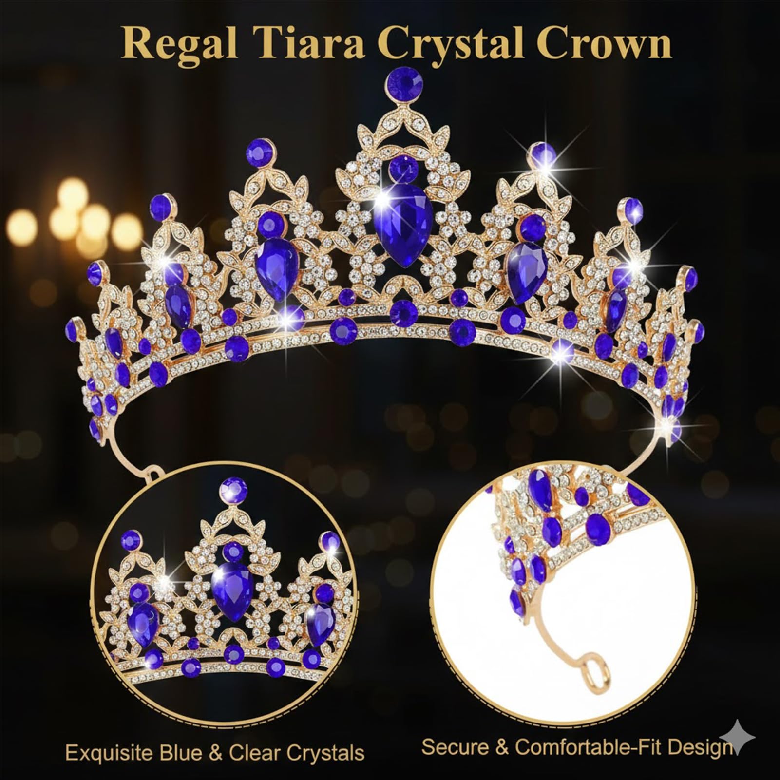 Gold crystal tiara, blue crystal crown, birthday princess tiara, vintage crown Didder Baroque Vintage Rhinestone Tiara - Blue Royal Crystal  main image 2