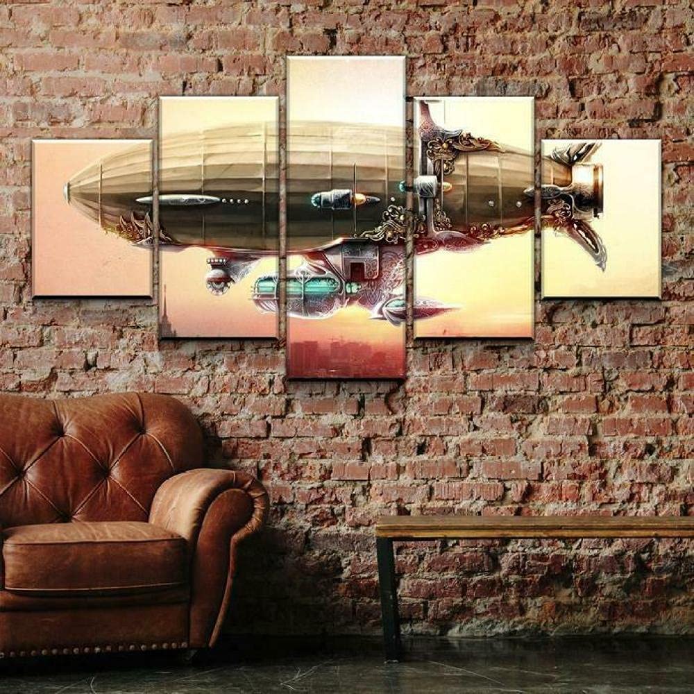 Tableau steampunk de 5 panneaux muraux avec dirigeable scifi sur toile