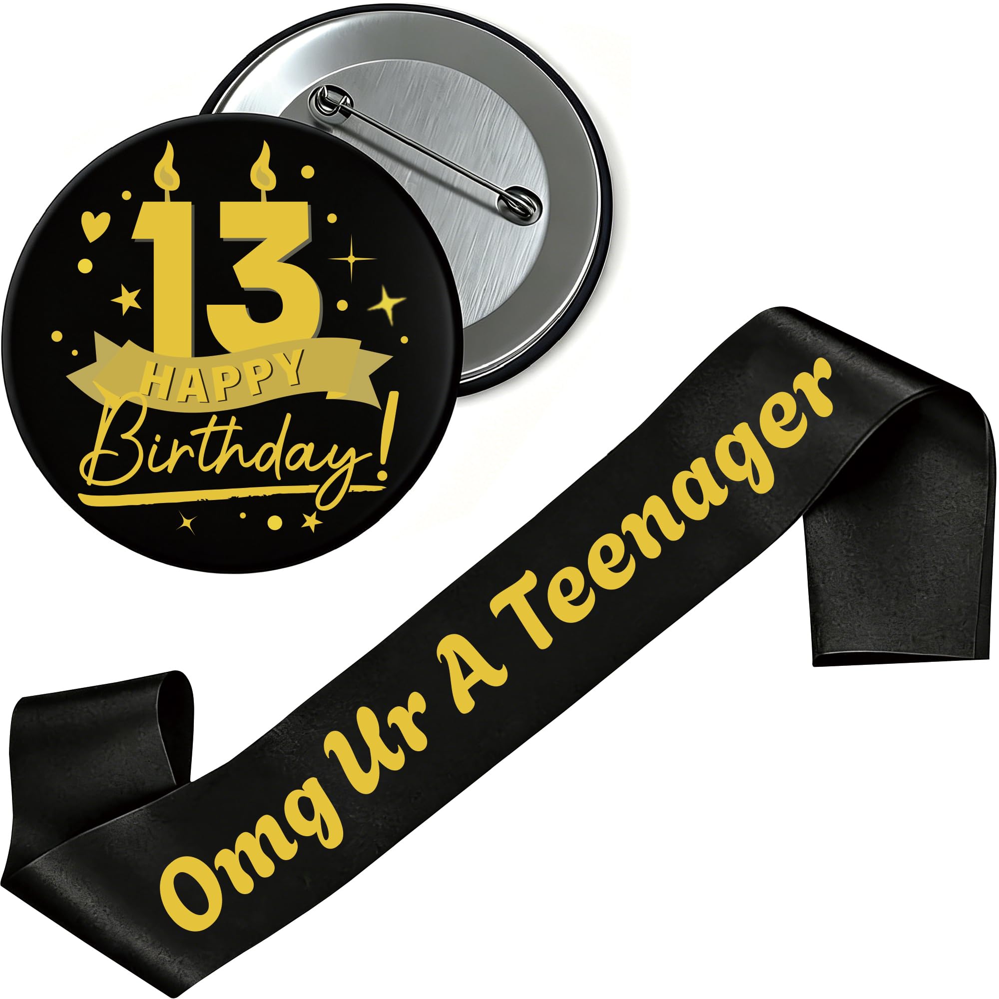 Bcxiuso 13th Birthday Sash Badge Boys - 2 Pcs Black Gold Omg Ur A Teenager Sash with Official Teenager Pin Badge Set for Teen Boy Happy 13 Year Old Boy Party Accessory Gift