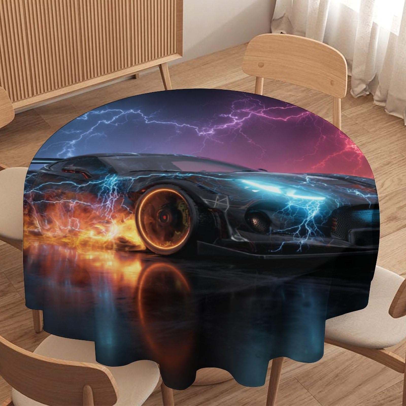 LUYYSKY Cool Modern Racing Car Waterproof Round Tablecloth Modern Aesthetic Lightning Burning Sports Car Pattern Washable Table Cover for Kitchen-50 Wx50 L