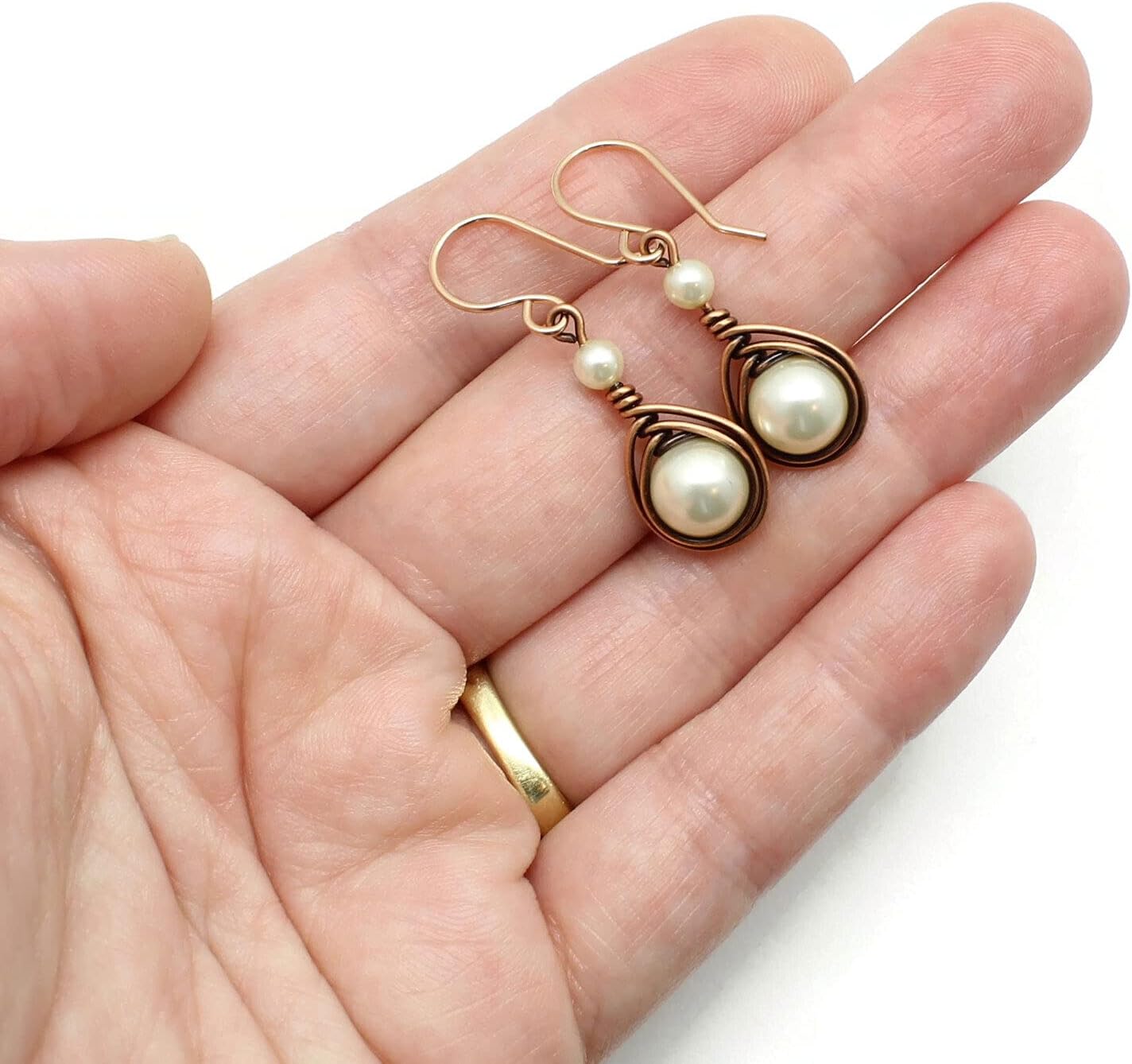 Pillar of Salt Studio Handcrafted Copper Earrings with Simulated Pearl and Rose Gold-filled Ear wires (Antiqued Copper, 1" drop, Cream)