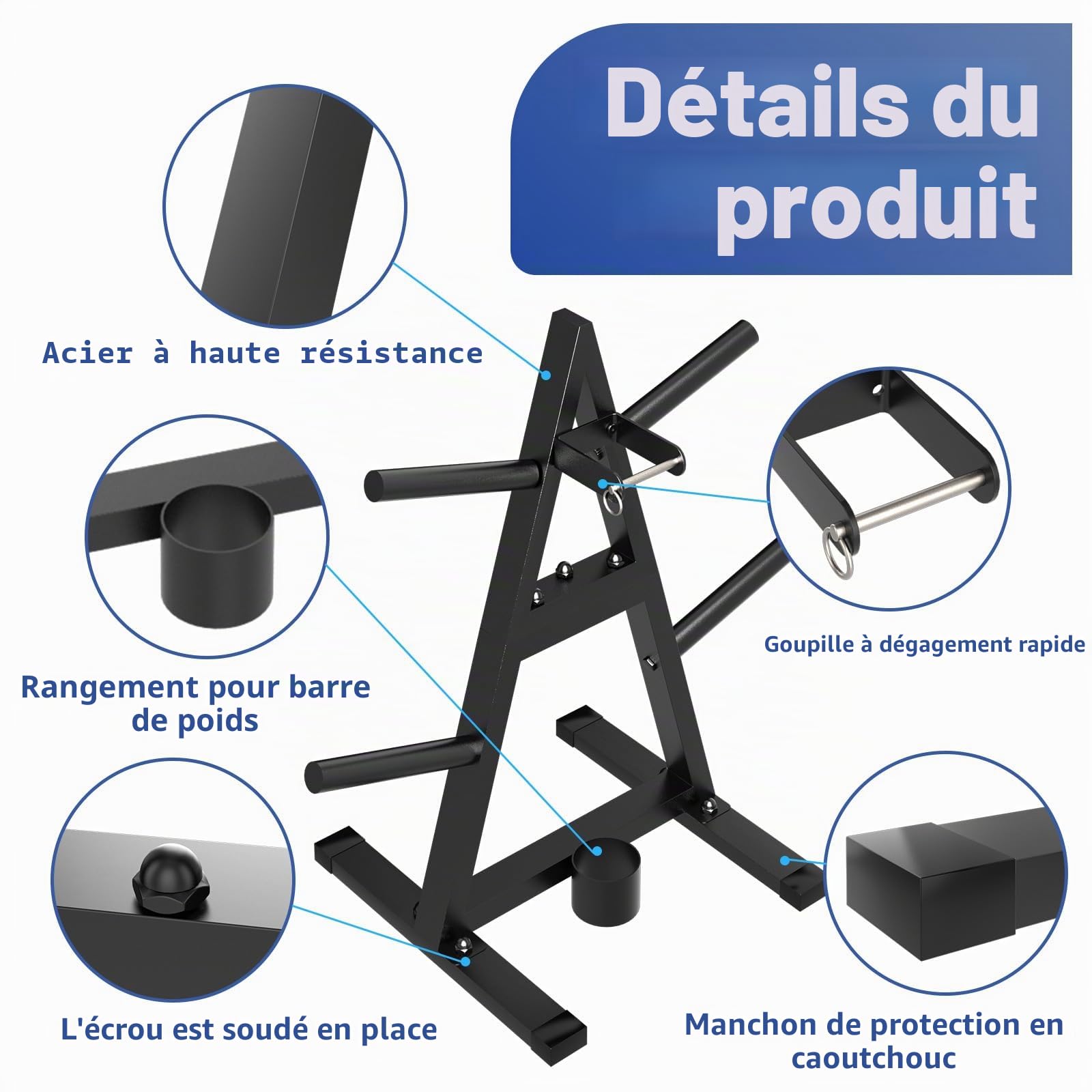 Arbre à disques en A pour plaques olympiques de 2,5 cm – Support d'haltères et rangement pour salle de sport à domicile – Peut contenir 136 kg