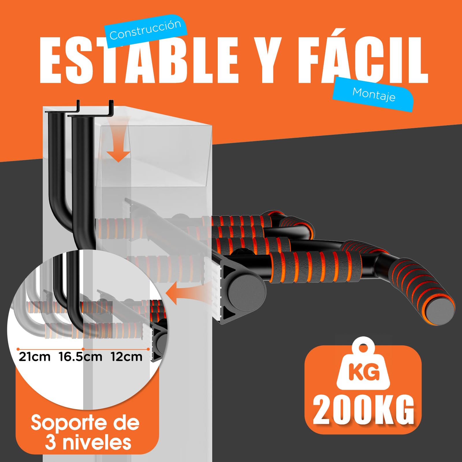DH FitLife Barra de dominadas para puerta sin tornillos, pull up bar con múltiples agarres, soporta hasta 200 kg, gimnasio en casa, ejercicio espalda y brazos, para marcos de 65 a 92 cm