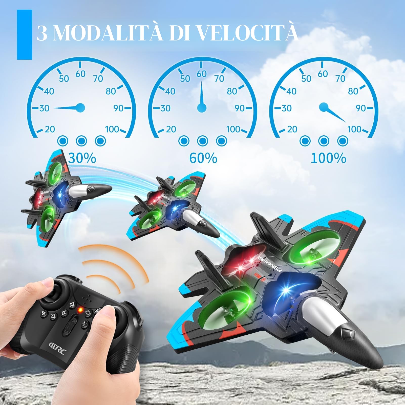 4DRC V32 Aereo telecomandato, per bambini oltre 8 anni, jet con luci, 360° capovolte, mantenimento quota, modalità headless, avvio un tasto, regalo giocoso all'aperto per adulti e bambini