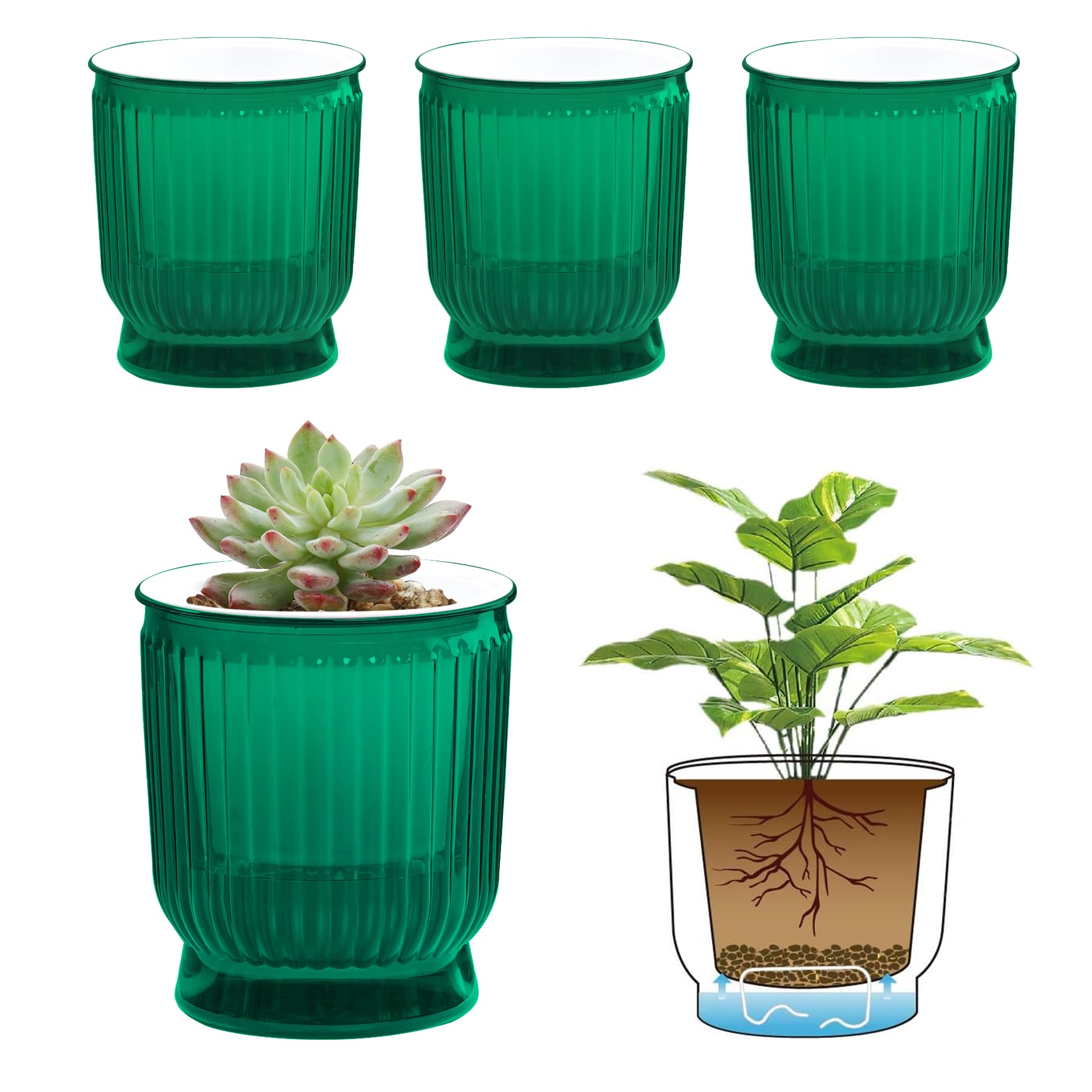 T4U Self Watering Plant Pots, 4 Inch Small Plant Pots, Self Watering Planter with Deep Reservoir, Plastic Flower Pots for All House Plants, Flowers, African Violets, 4 Pack,Transparent Green