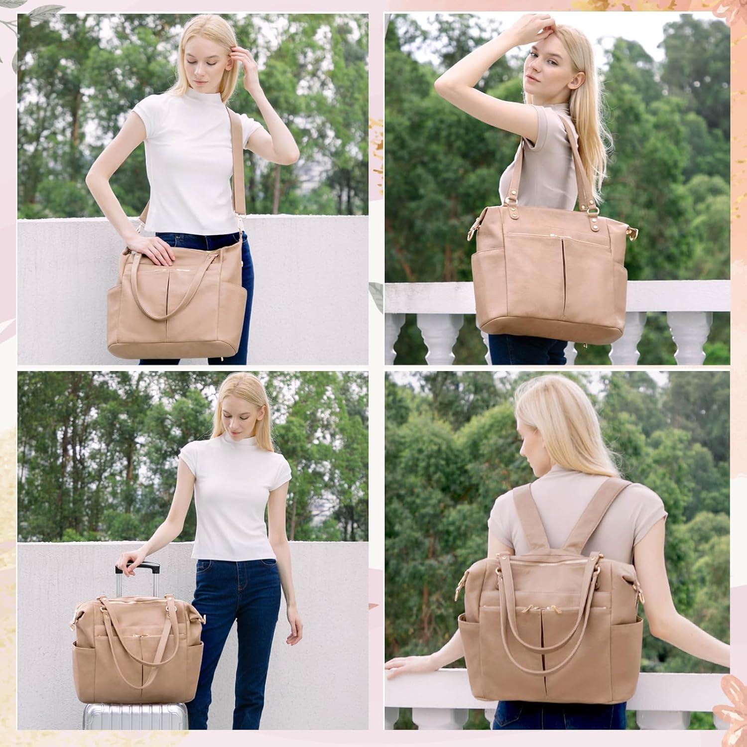 MOMINSIDE Diaper Bag Tote, Leather Diaper Bag Backpack with 14 Pockets, Convertible Baby Bag for Boys Girls, Baby Registry, Changing Pad, Large 4 Insulated Pockets (Camel)