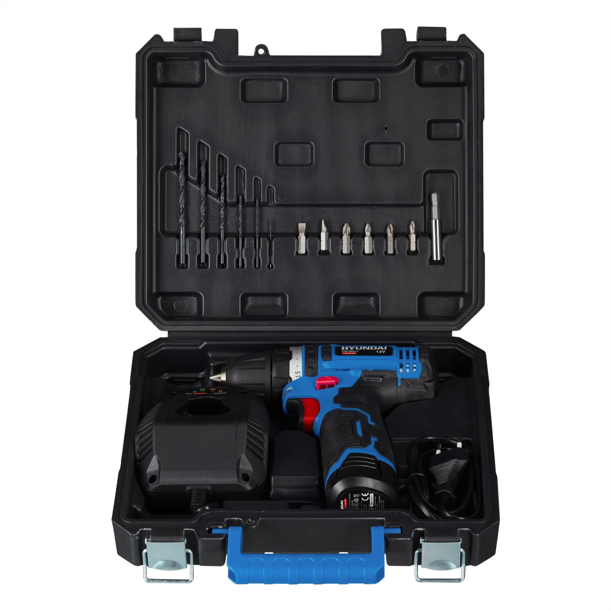 HYUNDAI Akkuschrauber CD1201LI SET, Akkubohrschrauber 12V, Akkubohrer, Bohrmaschine im Koffer mit 1 x 2.0Ah Akku, Schnellladegerät, inkl. 13-teiligem Zubehör