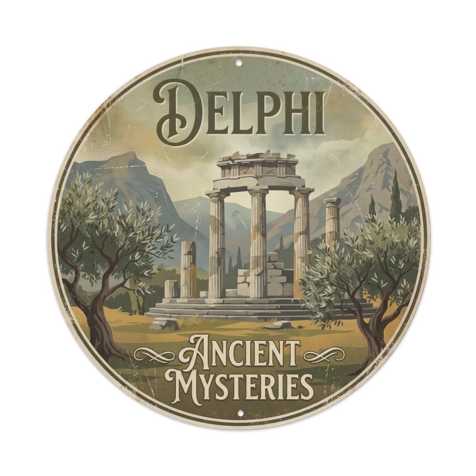 Vintage Travel Delphi Temple Ruins Metal Tin Sign Plaque Wall Decor for Cafe, Club, Garden Round Metal Poster 8x8Inch