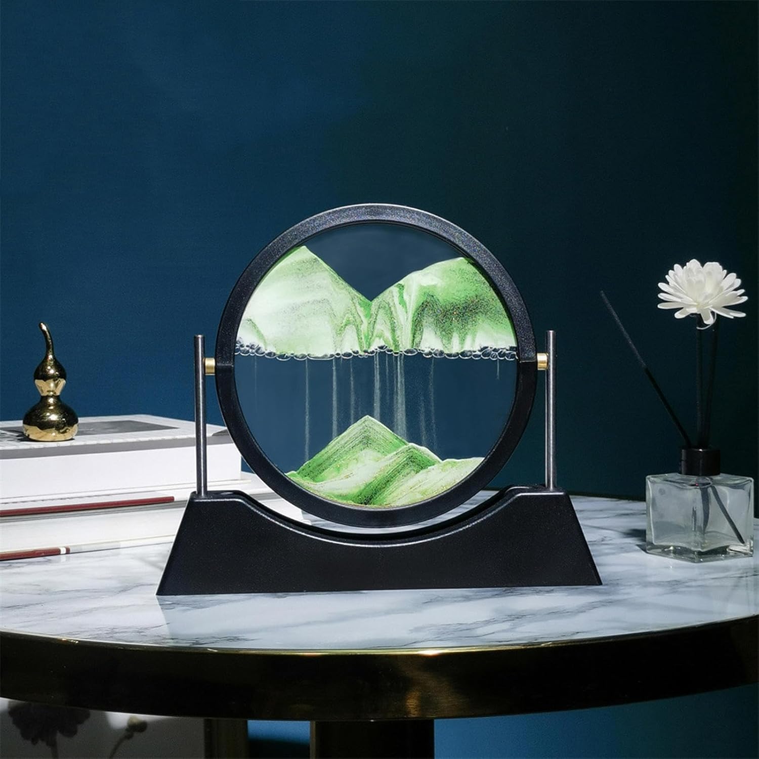 Moving Sand Art Picture, Sand Art Liquid Motion Picture, 360° Rotation Dynamic Sand Picture, Round Glass Quicksand Painting, for Desktop Home Office Decor,7in-Green