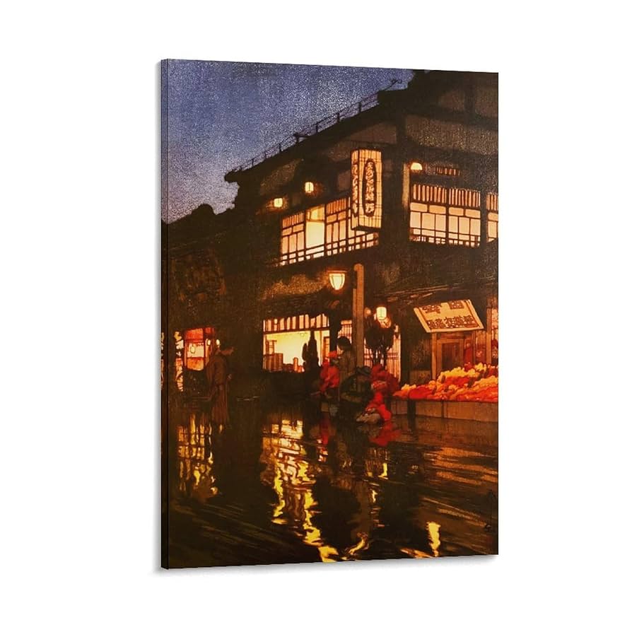 吉田　博、東京十二題　神楽坂通　雨後の夜、希少な画集より、高級額装付 吉田 博、東京十二題 神楽坂通 雨後の夜、希少な画集より、高級