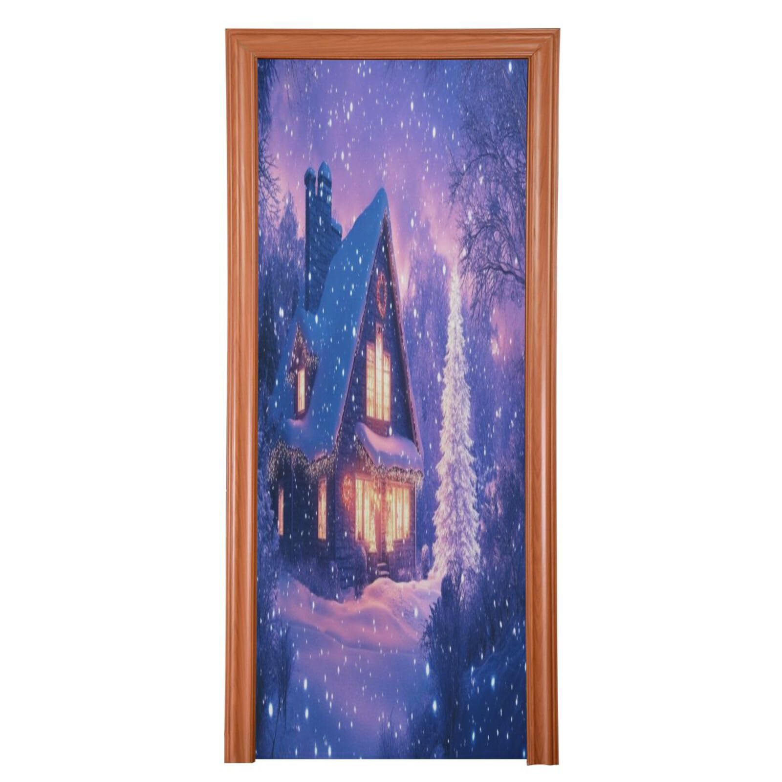 J JOYSAY Christmas Snowy Night House Door Decorations Door Cover Christmas Door Decoration Front Door Christmas Decorations for Indoor Outdoor Decoration,36x98 in