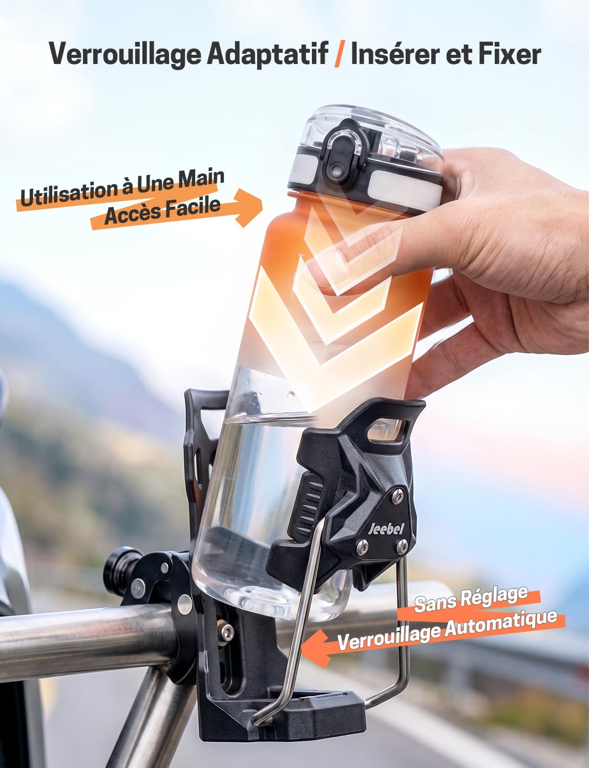 Jeebel Porte Gobelet de Moto Universel, Support Bouteille ATV à Verrouillage Adaptatif avec Pince Antivol Métallique 12–45mm, Compatible avec Gourdes Ø50–80mm, Porte-Boisson pour MTB Vélo VTT Scooter