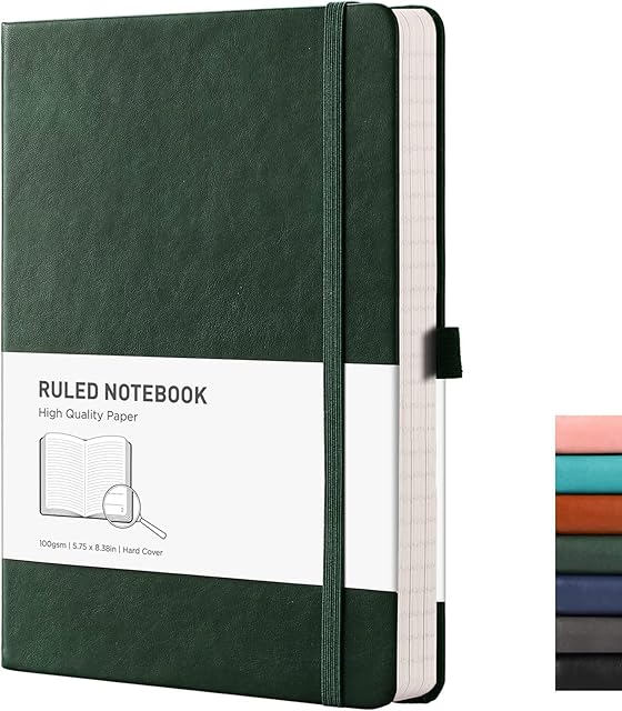 RETTACY Lined Journal Notebook - A5 Note Book Hardcover Notepad 192 Numbered Pages for Writing,100gsm Lined Paper, Leather Hardcover, for Women Men Work Office School,14.5 x 21cm - Green