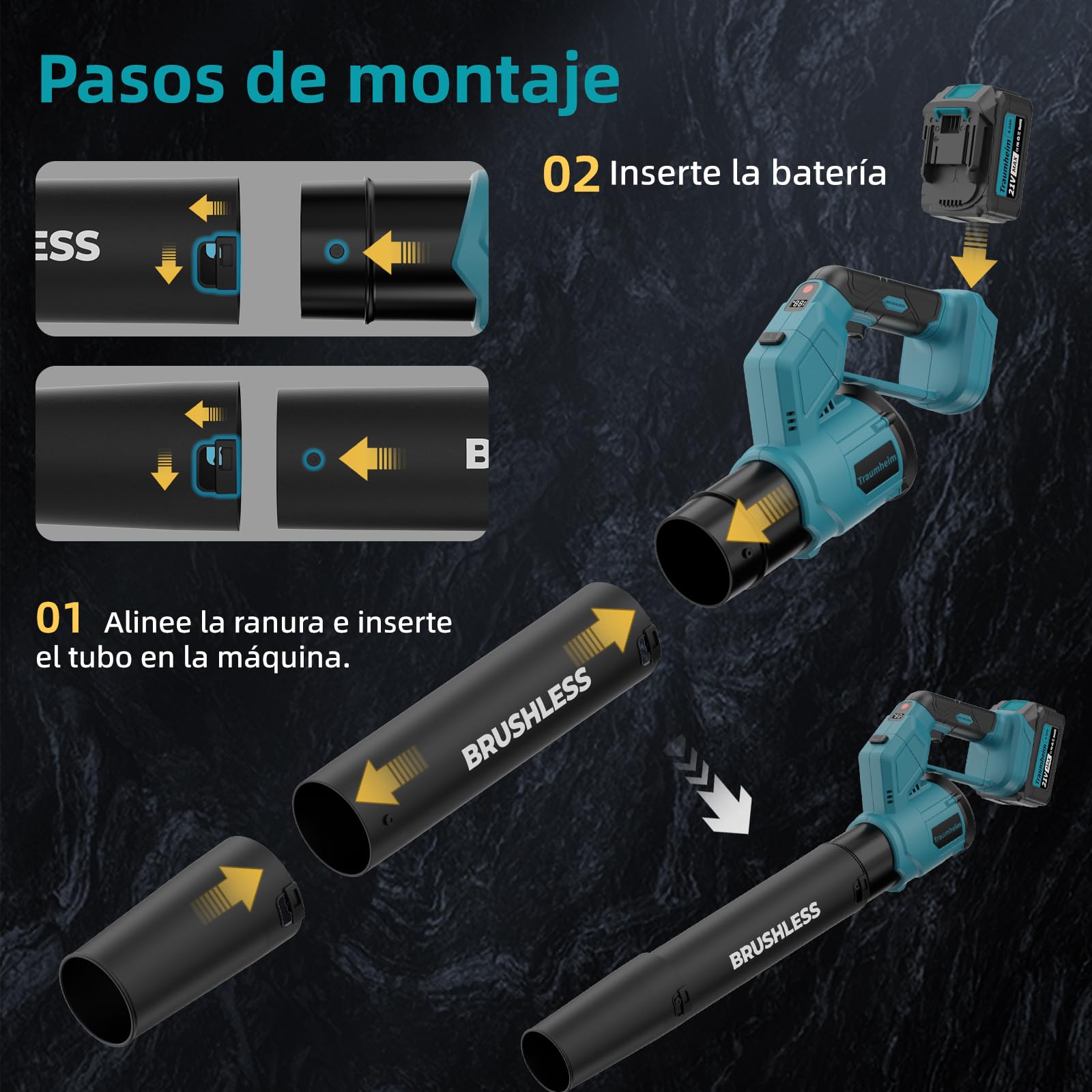 Batería soplador de Hojas, 2 en 1, sin escobillas, con 3 Marchas, máx. 900000 RPM, Volumen de Aire 1000 m³/h, Modo Vertical y Horizontal, para jardín, Hojas (Batería no incluida